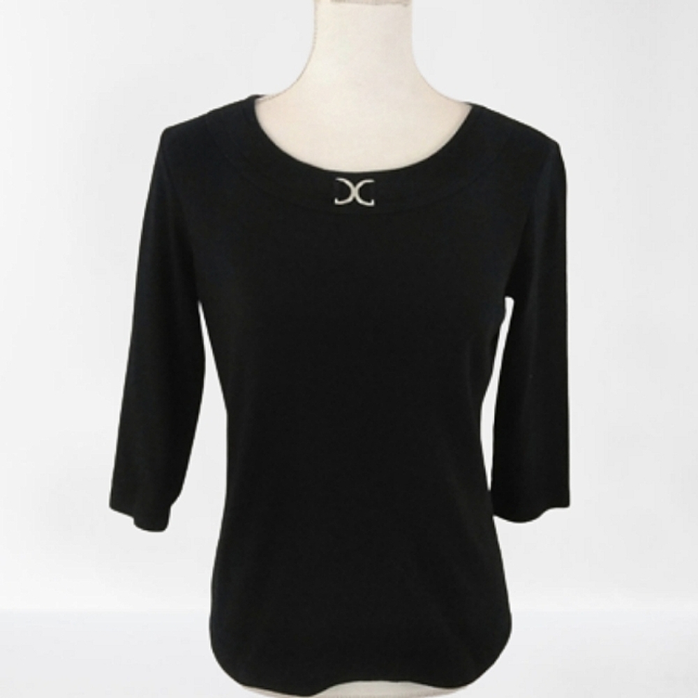 Karen Scott Petites Career Shirt Basic Black Blouse Cotton Blend Top